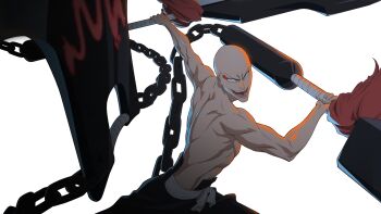 1boy :d anime_coloring back bald bankai biceps black_hakama bleach chain crazy_eyes crazy_smile dragon_print dual_wielding facial_mark fighting_stance hakama hand_up highres holding holding_sword holding_weapon incoming_attack japanese_clothes looking_at_viewer madarame_ikkaku male_focus muscular muscular_male nose official_art open_mouth outstretched_arm ryumon_hozukimaru_(bankai) sanpaku simple_background smile solo sword teeth tongue topless_male transparent_background v-shaped_eyebrows weapon