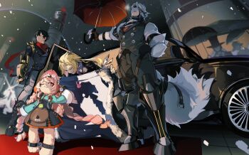 1girl 4boys animal_ear_fluff animal_ears animal_feet anklet arm_behind_back bicep_strap black_gloves black_jacket blonde_hair body_fur braid braided_twintails car closed_eyes collared_vest colored_tips commentary_request damian_blackwood fingerless_gloves furry furry_female furry_male gloves green_hair green_shirt grey_vest highres holding holding_umbrella hollow_(zenless_zone_zero) hugo_vlad jacket jewelry lighter_(zenless_zone_zero) long_hair merah_drow mole mole_under_eye motor_vehicle multicolored_hair multiple_boys muzzle_(mask) necktie one_eye_closed open_mouth outdoors parted_lips pink_fur pink_hair pointy_ears prosthesis prosthetic_leg purple_necktie purple_shirt rabbit_ears rabbit_girl red_carpet red_eyes red_scarf red_umbrella scarf shirt shoulder_spikes sparkle spiked_jacket spikes standing studded_gloves sunglasses tail tail_belt umbrella vest von_lycaon white_fur white_hair wolf_boy wolf_ears wolf_tail zenless_zone_zero zhao_(zenless_zone_zero)