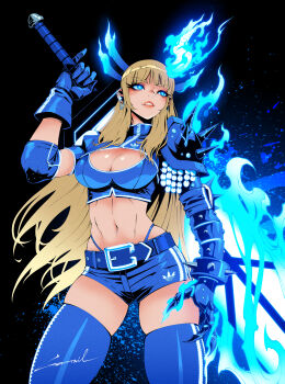 1girl absurdres adidas armor artist_name belt black_background blonde_hair blue_eyes blue_gloves breasts cleavage cleavage_cutout clothing_cutout commentary cowboy_shot crop_top earrings english_commentary fire flaming_sword flaming_weapon gloves godtail highres holding holding_sword holding_weapon huge_weapon jewelry large_breasts long_hair magik_(x-men) marvel midriff navel parted_lips pauldrons short_shorts shorts shoulder_armor simple_background skindentation spiked_pauldrons spikes sword thighhighs very_long_hair weapon