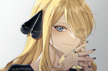 Rule 34 | 1girl, black shirt, blonde hair, blue eyes, cynthia (pokemon), grey background, hair over one eye, long hair, looking at viewer, nintendo, pokemon, pokemon dppt, sakaralalala, shirt, simple background, smile, solo, upper body, watermark