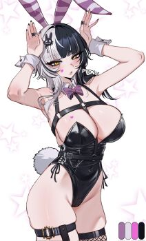 1girl alternate_costume animal_ear_hairband animal_ears black_hair black_leotard black_nails bow bowtie breasts character_hair_ornament color_guide doujenrad facial_mark fake_animal_ears fake_tail hair_ornament hairband heart heart_facial_mark highleg highleg_leotard highres hololive hololive_english jewelry large_breasts leotard long_hair looking_at_viewer multicolored_hair playboy_bunny purple_bow purple_bowtie rabbit_ears rabbit_tail ring shiori_novella skindentation solo split-color_hair star_(symbol) star_symbol_background tail two-tone_hair virtual_youtuber white_background white_hair wrist_cuffs yellow_eyes
