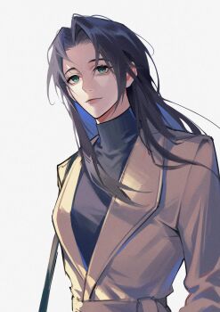 1girl absurdres alternate_costume black_hair black_sweater brown_coat chinese_commentary closed_mouth coat gradient_hair green_eyes grey_background head_tilt highres lccdi like_mother_like_daughter long_hair long_sleeves looking_at_viewer looking_to_the_side multicolored_hair official_alternate_hairstyle parted_bangs pink_lips simple_background solo somyung&#039;s_mother_(like_mother_like_daughter) standing sweater upper_body