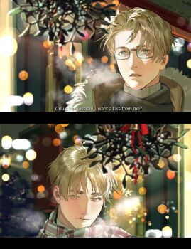 2boys absurdres ahoge america_(hetalia) axis_powers_hetalia black_border black_scarf black_sky blonde_hair blue_eyes blurry blurry_background blush border brown_jacket christmas christmas_lights christmas_ornaments christmas_tree closed_mouth commentary english_commentary english_text fur-trimmed_jacket fur_trim glasses green_eyes grey-framed_eyewear highres jacket lips looking_ahead male_focus multiple_boys night open_clothes open_jacket open_mouth plaid_clothes plaid_scarf scarf semi-rimless_eyewear short_hair sky sweater teeth turtleneck turtleneck_sweater united_kingdom_(hetalia) upper_body white_scarf white_sweater winter yaoi zhongerweiyuan