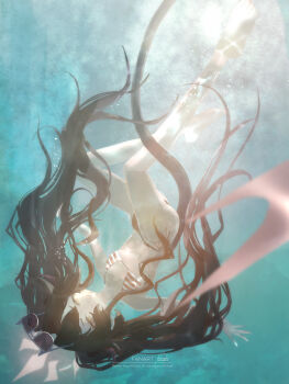 1girl absurdres bare_arms bare_legs bikini black_hair blue_archive breasts eyewear_on_head glowing glowing_halo hair_between_eyes halo highres horns kasumi_(blue_archive) kasumi_(swimsuit)_(blue_archive) long_hair looking_at_viewer norio_(norio386) small_breasts solo sunglasses sunlight swimsuit tail twintails underwater upside-down very_long_hair