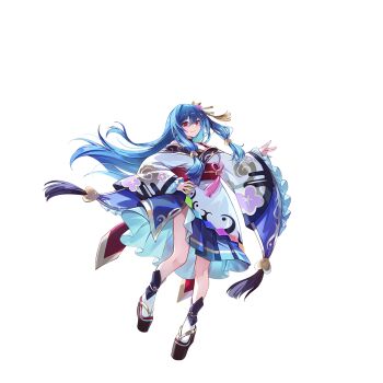 1girl adapted_costume alternate_costume blue_hair closed_mouth floral_print food-themed_hair_ornament frilled_sleeves frills full_body game_cg hair_ornament hand_on_own_hip heart heart_hair_ornament highres hinanawi_tenshi japanese_clothes kimono long_hair long_sleeves looking_at_viewer non-web_source obi obijime off_shoulder official_art peach_hair_ornament platform_sandals print_kimono rainbow_order red_eyes red_sash sandals sash second-party_source smile socks solo tabi touhou touhou_gensou_eclipse transparent_background u_u_zan very_long_hair white_kimono white_socks wide_sleeves