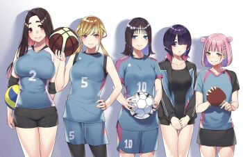 Rule 34 | 5girls, ball, bare arms, bare shoulders, basketball (object), black one-piece swimsuit, black shorts, black skirt, blonde hair, blue eyes, blue hair, blue shirt, blue shorts, blunt bangs, breasts, brown eyes, brown hair, closed mouth, colored inner hair, commentary request, cowboy shot, elbow pads, green eyes, hair over one eye, hand on own hip, highres, holding, holding ball, holding table tennis paddle, hongou miyuki, jacket, jersey, kitahara aoba, kusunoki aroma, large breasts, lineup, long hair, looking at viewer, medium breasts, medium hair, multicolored hair, multiple girls, one-piece swimsuit, open clothes, open jacket, pink hair, purple eyes, purple hair, red hair, sawaranaide kotesashi-kun, sayamagaoka chiyo, shadow, shinjou takuya, shirt, short hair, shorts, skirt, smile, soccer ball, standing, sumiyoshi izumi, swimsuit, twintails, volleyball (object)