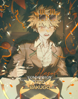 Rule 34 | 1boy, bakugou katsuki, balloon, birthday, birthday cake, blazer, blonde hair, blush, boku no hero academia, brown jacket, cake, character name, collared shirt, commentary, confetti, crown, eyewear on head, food, fork, gift, happy birthday, hetero, highres, holding, holding fork, indoors, jacket, lapels, long sleeves, looking at viewer, male focus, notched lapels, oc x canon, open collar, open mouth, q (llll4414 j), red eyes, school uniform, shirt, short hair, solo, spiked hair, sunglasses, teeth, timestamp, twitter username, upper body, white shirt