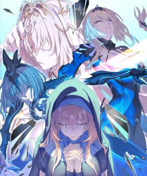 Rule 34 | bianca: crepuscule (pgr), bianca: veritas (pgr), bianca (pgr), braid, breasts, cleavage, closed eyes, commentary request, gold tiara, gradient background, guratan, hair between eyes, highres, large breasts, long hair, mechanical arms, mole, mole under eye, multiple girls, nun headdress, own hands together, praying, punishing: gray raven, see-through clothes, see-through veil, simple background, single braid, tiara, veil, very long hair