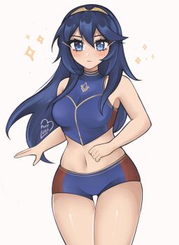 1girl armpit_peek artist_name bikini blue_bikini blue_eyes blue_hair blush breasts closed_mouth covered_collarbone crop_top eyebrows_hidden_by_hair fire_emblem fire_emblem_awakening fire_emblem_cipher gluteal_fold gold_hairband hair_between_eyes hairband highres long_hair looking_at_viewer luci_(purrlucii) lucina_(cipher_swimsuit)_(fire_emblem) lucina_(fire_emblem) medium_breasts navel nintendo official_alternate_costume short_shorts shorts signature sleeveless sleeveless_turtleneck solo sparkle standing swimsuit thighs turtleneck very_long_hair