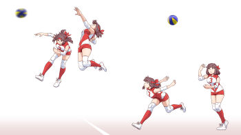 1girl arm_up ball brown_eyes brown_hair commentary_request elbow_pads girls_und_panzer headband highres jumping knee_pads kondou_taeko leaning_forward legs_up looking_up medium_hair motion_blur outstretched_arms partial_commentary red_headband red_shirt red_shorts red_socks running satou_yasu sequential shirt shoes short_shorts shorts simple_background single_vertical_stripe sleeveless sleeveless_shirt sneakers socks spiking sportswear spread_arms standing tossing volleyball volleyball_(object) volleyball_uniform white_background white_footwear