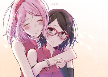 2girls black_eyes black_hair blush boruto:_naruto_next_generations closed_eyes closed_mouth commentary_request detached_sleeves glasses hairband haruno_sakura highres looking_at_another mother_and_daughter multiple_girls naruto_(series) pink_hair red-framed_eyewear red_hairband short_hair t0m0mile twitter_username uchiha_sarada upper_body