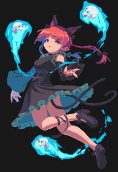 Rule 34 | 1girl, animal ears, black background, black bow, black dress, black ribbon, black shoes, blunt bangs, bow, cat ears, cat tail, detached sleeves, dress, extra ears, frilled dress, frills, full body, hair bow, highres, hitodama, kaenbyou rin, leg ribbon, legs, long hair, multiple tails, pixel art, pointy ears, potemki11, red eyes, red hair, red nails, ribbon, shoes, simple background, skull, solo, tail, touhou, two tails