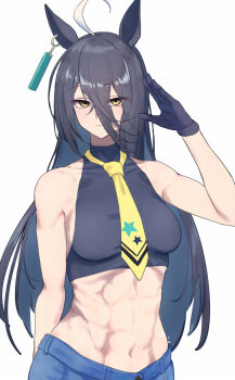 Rule 34 | 1girl, abs, ahoge, animal ears, bare shoulders, black gloves, breasts, closed mouth, collarbone, commentary request, denim, earrings, gloves, hair between eyes, halter shirt, halterneck, harakomeshi, highres, horse ears, horse girl, jewelry, long bangs, long hair, looking at viewer, manhattan cafe (umamusume), medium breasts, navel, necktie, simple background, single earring, smile, solo, star (symbol), star print, toned, toned female, umamusume, upper body, white background, yellow eyes, yellow necktie
