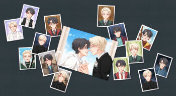 2boys black_hair black_necktie black_shirt black_suit black_vest blonde_hair blood blood_on_face blue_eyes bow bowtie clenched_teeth closed_mouth collar draco_malfoy face-to-face flower formal_clothes glasses green_eyes gryffindor harry_potter harry_potter_(series) hogwarts_school_uniform husband_and_husband jacket lightning_bolt_symbol looking_at_another male_focus ming_cha multiple_boys necktie parted_lips photo_(object) profile quidditch scar scar_on_face scar_on_forehead school_uniform shirt short_hair slytherin smile striped_necktie suit teeth vest wedding white_shirt white_vest wing_collar wizarding_world yaoi