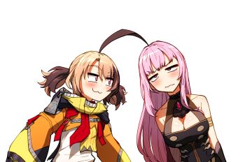 2girls :3 absorbing ahoge bare_shoulders blonde_hair blush breasts brown_hair cleavage closed_mouth ddolbang gigi_murin gigi_murin_(1st_costume) highres hololive hololive_english hood hood_down large_breasts long_hair long_sleeves medium_hair mori_calliope mori_calliope_(1st_costume) multicolored_hair multiple_girls pink_hair red_eyes short_twintails smile transparent_background twintails two-tone_hair upper_body virtual_youtuber wavy_mouth zipper