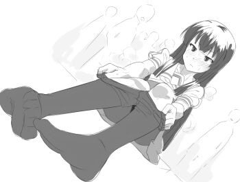 Rule 34 | 1girl, blunt bangs, blush, clothes pull, commentary request, dress, feet, greyscale, heijou institute school uniform, highres, hime cut, juujou hiyori, long hair, looking at viewer, mashitono desu, monochrome, no shoes, pantyhose, pantyhose pull, people, sailor collar, school uniform, short sleeves, sitting, sketch, solo, summer uniform, sweat, toji no miko, v-shaped eyebrows