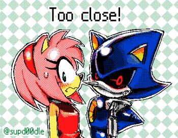 1boy 1girl 9474s0ul amy_rose animal_ears animal_nose animated animated_gif black_sclera blush colored_sclera commentary dress embarrassed english_commentary flipnote_studio_(medium) furry furry_female furry_male furry_with_furry green_eyes hairband hedgehog_boy hedgehog_girl hetero humanoid_robot jaggy_lines lowres metal_sonic pink_fur red_dress red_eyes red_hairband robot shy sonic_(series)