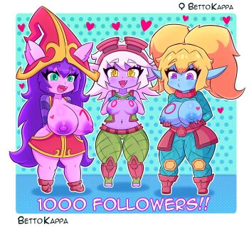 3girls aqua_background armor artist_name ass bettokappa blonde_hair blue_skin body_writing border breast_expansion breasts breasts_out colored_skin exhibitionism fang full_body glasses glasses_on_head grabbing_own_breast hat highres huge_ass inverted_nipples large_areolae league_of_legends league_of_legends:_wild_rift loving_aura lulu_(league_of_legends) medium_breasts milestone_celebration multiple_girls nipples nude open_mouth outside_border polka_dot polka_dot_background ponytail poppy public_indecency purple_hair purple_skin riot_games short_hair simple_background size_difference thighs touching_nipples tristana_(league_of_legends) twitter_username white_border white_hair witch_hat yellow_eyes yordle