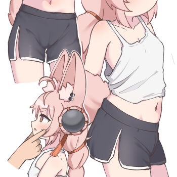 1girl animal_ear_fluff animal_ear_piercing animal_ears bike_shorts black_shorts braid breasts cameltoe camisole commentary dolphin_shorts furry furry_female highres hina_chan long_hair midriff multiple_views navel open_mouth pink_hair rabbit_ears rabbit_girl rabbit_tail red_eyes short_shorts shorts simple_background small_breasts tail tank_top white_background white_camisole white_tank_top zenless_zone_zero zhao_(zenless_zone_zero)