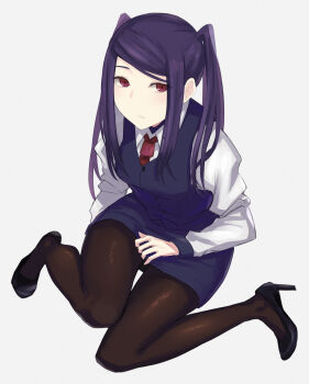1girl asakiri_koko black_pantyhose black_shoes blue_sky blue_vest blush collared_shirt commentary_request frown full_body grey_background high_heels highres jill_stingray long_hair long_sleeves looking_at_viewer necktie pantyhose pencil_skirt purple_hair red_eyes red_necktie shirt shoes sidelocks simple_background skirt sky solo swept_bangs twintails va-11_hall-a vest white_shirt