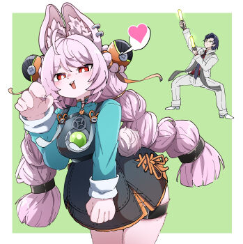 1boy 1girl absurdres animal_ear_fluff animal_ear_piercing animal_ears blue_hair blue_necktie border braid braided_twintails bright_pupils caseee999 commentary_request damian_blackwood formal_clothes furry furry_female glowstick green_background green_eyes green_shirt heart highres holding holding_glowstick leaning_forward long_hair looking_at_viewer necktie open_mouth penlight_(glowstick) pink_fur pink_hair rabbit_ears rabbit_girl red_eyes screw shirt short_eyebrows short_hair spoken_heart suit white_border white_pupils white_suit zenless_zone_zero zhao_(zenless_zone_zero)
