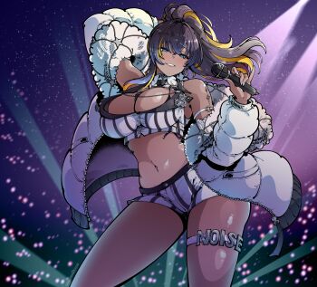 1girl absurdres breasts coat concert dark_skin goddess_of_victory:_nikke gooroomee highres horseshoe_earrings noise_(classic_diva)_(nikke) noise_(nikke) official_alternate_costume puffy_coat shorts smile solo striped_clothes striped_shorts thighs vertical-striped_clothes vertical-striped_shorts white_nails