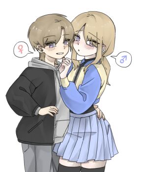 1boy 1girl black_jacket black_thighhighs blonde_hair blush brown_hair commentary_request cowboy_shot crossdressing crossdressing_(ftm) crossdressing_(mtf) drawstring dumpling_1177 ear_piercing earrings eyes_visible_through_hair grey_pants hand_on_another's_waist hand_on_own_hip hetero highres hood hood_down jacket jewelry korean_commentary long_hair long_sleeves looking_at_viewer mars_symbol original pants piercing pleated_skirt puffy_long_sleeves puffy_sleeves purple_eyes short_hair simple_background skirt spoken_mars_symbol spoken_venus_symbol stud_earrings thighhighs tomboy trap venus_symbol white_background zettai_ryouiki