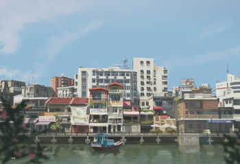 1girl absurdres air_conditioner apartment azizi_zim banner billboard blue_sky blurry blurry_foreground boat building bush chinese_text cloud commentary_request crescent door highres leaf on_boat original plant railing scenery shop sign sky stairs standing star_(symbol) water watercraft wide_shot window