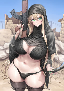 1girl assault_rifle black_bra black_thighhighs blonde_hair blue_sky bra breasts chinese_commentary cowboy_shot destruction goddess_of_victory:_nikke green_eyes green_nails gun hair_between_eyes highres hijab holding holding_gun holding_weapon kalashnikov_rifle large_breasts looking_at_viewer magazine_(weapon) meme naidong_(artist) nail_polish outdoors patreon_username rifle rubble rupee_(nikke) selfie selfie_stick shell_casing skindentation sky solo thick_thighs thighhighs thighs trigger_discipline underwear utility_pole weapon