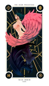 1girl artist_name black_hair black_skin black_wings card character_name closed_mouth colored_skin commentary demon_girl demonio_fleur hana_hana_no_mi highres horns k164 long_hair looking_ahead nico_robin one_piece pink_wings profile symbol-only_commentary tarot tarot_card wings