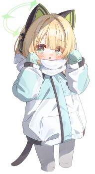 1girl 404net absurdres animal_ear_headphones animal_ears aqua_coat aqua_mittens black_tail blonde_hair blue_archive blush bow cat_ear_headphones cat_ears cat_tail chinese_commentary clenched_hands coat commentary_request cropped_legs eyes_visible_through_hair fake_animal_ears fake_tail green_bow green_eyes green_halo grey_pantyhose hair_bow halo hands_up headphones highres long_sleeves looking_at_viewer low-tied_sidelocks making-of_available medium_hair midori_(blue_archive) midori_(winter)_(blue_archive) mittens multicolored_coat nose_blush official_alternate_costume open_mouth painttool_sai_(medium) pantyhose puffy_long_sleeves puffy_sleeves scarf scarf_bow sidelocks simple_background solo tail two-tone_coat white_background white_coat white_scarf winter_clothes