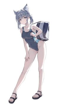 animal_ears bare_shoulders black_sandals blue_archive blue_eyes breasts commentary competition_swimsuit grey_hair heterochromia highres looking_at_viewer medium_breasts medium_hair official_alternate_costume official_alternate_hairstyle one-piece_swimsuit sandals shiroko_(blue_archive) shiroko_(swimsuit)_(blue_archive) simple_background siya_je swimsuit symbol-only_commentary thighs white_background wolf_ears wolf_girl