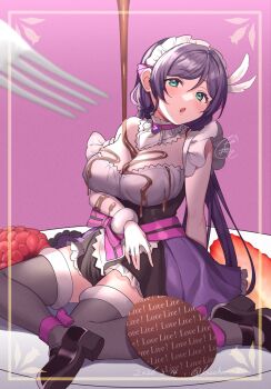 Rule 34 | 1girl, aqua eyes, artist name, ascot, black dress, black shoes, blush, border, breasts, chocolate, chocolate on body, chocolate on breasts, cleavage, commentary request, copyright name, dress, feathers, food, food on body, fork, fruit, grey thighhighs, highres, kazepana, large breasts, long hair, love live!, love live! school idol project, low twintails, maid, maid headdress, mixed-language commentary, mogyutto "love" de sekkin chuu!, multicolored dress, open mouth, purple dress, purple hair, shoes, sitting, solo, strawberry, thighhighs, tojo nozomi, twintails, twitter username, white ascot