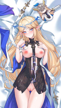 1girl absurdres bare_shoulders bed black_collar black_dress blonde_hair blue_eyes blush breasts cartethyia_(wuthering_waves) censored chinese_commentary cleft_of_venus closed_mouth collar commentary_request cowboy_shot crown_of_thorns dress earrings from_above hand_puppet hands_up highres jewelry long_hair looking_at_viewer lying medium_breasts merchandise_available misheng_liu_yin mosaic_censoring necklace nipples on_back on_bed pointy_ears puppet pussy sidelocks smile solo tacet_mark_(wuthering_waves) thigh_gap thighs variant_set very_long_hair wuthering_waves