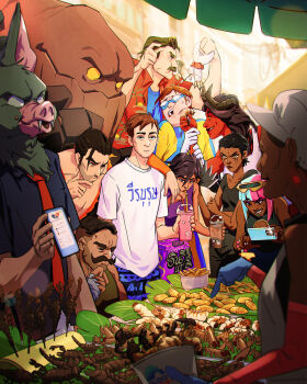 4girls 6+boys alternate_costume bug caterpillar cellphone colored_skin coupe_(dispatch) cup dark-skinned_female dark_skin dispatch disposable_cup flambae_(dispatch) golem_(dispatch) grasshopper highres holding holding_phone igloo_studio insect invisigal_(dispatch) malevola_(dispatch) market_stall multiple_boys multiple_girls official_art phone prism_(dispatch) punch_up_(dispatch) red_skin robert_robertson scorpion smartphone sonar_(dispatch) taking_picture thai_text thailand tsuru-chan_(taishi) waterboy_(dispatch) worm