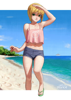 1boy ? artist_name bare_shoulders beach blonde_hair boku_no_pico camisole carlo_montie collarbone commentary crop_top crop_top_overhang day english_commentary eyelashes flip-flops green_eyes highres horizon lips looking_at_viewer male-female_symbol male_focus midriff navel ocean outdoors outside_border pico_(boku_no_pico) sand sandals shading_eyes short_hair short_shorts shorts sky smile solo spaghetti_strap sunlight trap walking water