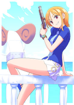1girl absurdres arm_support bangle bare_legs blue_sandals blue_shirt blue_sky bracelet breasts brown_eyes buruu4000 cloud cloudy_sky commentary feet_out_of_frame from_side going_merry gun hair_behind_ear highres holding holding_gun holding_weapon horizon jewelry legs log_pose looking_at_viewer medium_breasts miniskirt nami_(one_piece) necktie ocean official_alternate_costume one_piece orange_eyes orange_hair outdoors parted_lips pirate_ship pleated_skirt sandals shirt short_hair short_sleeves single_sidelock sitting skirt sky solo thighs weapon white_skirt