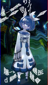 1girl blank_stare blue_eyes blue_footwear blue_hair blue_ribbon blurry blurry_background bow distortion dress empty_eyes hairband highres horror_(theme) indie_utaite long_sleeves pale_skin photo_background ribbon shaded_face short_hair sirokuro_0929 sleeves_past_fingers sleeves_past_wrists socks solo standing unnamed_girl_(x0o0x) utaite wavy_background white_bow white_dress white_hairband white_socks