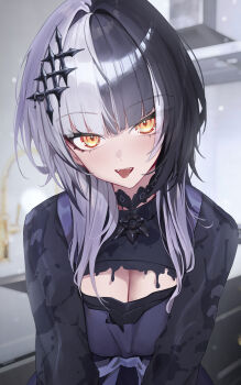 1girl absurdres alternate_costume black_choker black_hair black_shirt blunt_bangs breasts choker cleavage cleavage_cutout clothing_cutout commentary grey_hair highres hololive hololive_english indoors large_breasts long_hair long_sleeves looking_at_viewer multicolored_hair shiori_novella shirt solo split-color_hair symbol-only_commentary tongue tongue_out two-tone_hair upper_body virtual_youtuber yellow_eyes yoellim5