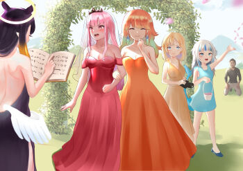 1boy 5girls absurdres adapted_costume alternate_costume arch axeloust back bare_shoulders basket blonde_hair blue_dress blunt_bangs blush book breasts bridal_veil bridesmaid camera cleavage cocktail_dress color_coordination colored_tips commission day dress earrings embarrassed feather_earrings feathers fins fish_tail floating_earrings floral_arch gawr_gura giggling grass halo hand_on_own_chin high_heels highres holding holding_basket holding_book holding_camera hololive hololive_english ivy jewelry kenshinchii kneeling large_breasts leaf locked_arms long_hair low_wings matching_hair/eyes mori_calliope mountainous_horizon multicolored_hair multiple_girls ninomae_ina&#039;nis open_book orange_dress outdoors pink_eyes pink_hair pointy_ears purple_dress purple_hair red_dress seiza shark_tail side_slit sidelocks sitting sky strapless strapless_dress swept_bangs tail takanashi_kiara tentacle_hair throwing throwing_petals tiara two_side_up veil very_long_hair virtual_youtuber watson_amelia wedding wedding_dress white_hair white_wings wings yagoo yuri