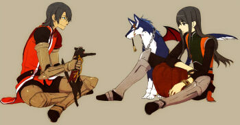 00s 2boys alternate_costume animalization armor bad_id bad_pixiv_id bat_wings beige_background black_eyes black_hair boots bracelet cat chain dog full_body goggles goggles_on_head green_eyes grey_background held_up indian_style jewelry kiseru knee_boots long_hair male_focus military military_uniform multiple_boys official_alternate_costume repede_(tales) rita_mordio schwann_oltorain shiyu.jyoukou short_hair simple_background sitting smile smoking_pipe surcoat tales_of_(series) tales_of_vesperia wings yuri_lowell