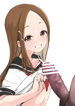 blush brown_eyes brown_hair bukkake cheating_(relationship) clothes_lift cum erection h2o_(ddks2923) karakai_jouzu_no_takagi-san loli looking_at_viewer parted_bangs penis sailor_collar school_uniform shirt_lift smile takagi-san