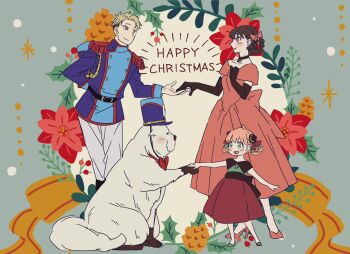 Rule 34 | 1boy, 2girls, ahoge, alternate costume, anya (spy x family), arm behind back, ayamame, belt, black belt, black gloves, black hair, blonde hair, blue hat, blue jacket, blush, bond (spy x family), bow, bowtie, breasts, christmas, christmas wreath, dog, dress, elbow gloves, epaulettes, gloves, hair bow, hair rings, hairpods, hand on own chest, hat, highres, holding hands, jacket, long hair, medium breasts, medium hair, military jacket, multiple girls, open mouth, pants, pendant choker, pink bow, pink dress, pink hair, pink shoes, red bow, red bowtie, red eyes, shoes, short hair, smile, spy x family, twilight (spy x family), white pants, wreath, yor briar