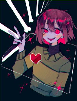1other arm_at_side black_background bob_cut bone brown_hair chara_(undertale) chromatic_aberration cropped_torso double-parted_bangs green_sweater hair_between_eyes heart highres holding holding_knife kitchen_knife knife long_sleeves looking_at_viewer multicolored_hair open_mouth other_focus red_eyes red_hair short_hair simple_background smile solo striped_clothes striped_sweater sweater takenaka_(takenaka1111) teeth two-tone_hair two-tone_sweater undertale uneven_eyes upper_teeth_only utdr_(toby_fox) w yellow_sweater