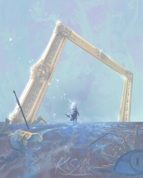 1girl artist_name bell clair_obscur:_expedition_33 highres kiasherria light_particles maelle_(clair_obscur:_expedition_33) picture_frame planted planted_sword planted_weapon solo spoilers standing sword water weapon wide_shot