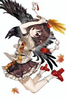 1girl absurdres bird black_skirt brown_hair chinese_commentary commentary_request crow frilled_skirt frilled_socks frills full_body hat highres holding leaf looking_at_viewer maple_leaf medium_hair pom_pom_(clothes) red_hat sayoko404 shameimaru_aya shirt short_sleeves simple_background skirt smile socks solo tengu touhou white_background white_shirt white_socks
