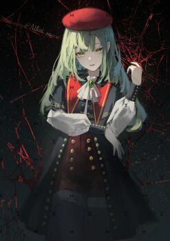 1girl airool artist_name ascot bang_dream! bang_dream!_it&#039;s_mygo!!!!! beret brooch commentary_request commission cowboy_shot dated green_hair hand_on_own_elbow hat highres jewelry long_hair long_sleeves looking_at_viewer mortis_(bang_dream!) mortis_(costume)_(bang_dream!) parted_lips puffy_long_sleeves puffy_sleeves red_hat solo wakaba_mutsumi watermark watermark_grid white_ascot yellow_eyes
