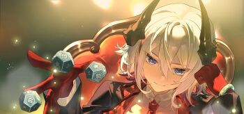 1girl absurdres adapted_costume black_horns black_jacket blue_eyes bracelet chair clenched_hand closed_mouth collarbone d12_(die) detached_collar dice gloves hair_between_eyes hands_up head_rest highres honkai:_star_rail honkai_(series) horns jacket jewelry light_particles light_smile long_sleeves looking_at_viewer lu_bai_(lugugu99) multicolored_hair necktie on_chair outstretched_hand polyhedral_dice portrait red_gloves red_hair red_necktie short_hair solo streaked_hair topaz_(honkai:_star_rail) white_hair