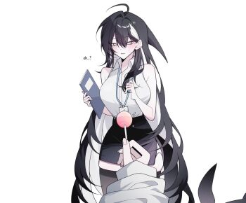 2girls black_hair black_skirt black_thighhighs book breasts candy cetacean_tail collared_shirt dorsal_fin fins fish_tail food highres holding holding_book holding_candy holding_food id_card lanyard large_breasts lollipop long_hair multicolored_hair multiple_girls office_lady orca_(haze_(7h4ze)) orca_girl pencil_skirt pongdang_111 shirt skirt streaked_hair tail thighhighs very_long_hair white_background white_eyes white_hair white_shirt