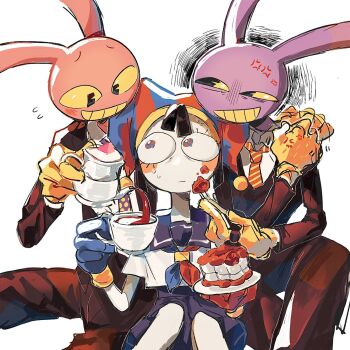 1girl 2boys animal_ears black_pants black_suit blue_eyes blue_gloves blue_skirt cake closed_mouth colored_skin colored_teeth commentary cup dress english_commentary evil_jax_(the_amazing_digital_circus) feeding feet_out_of_frame fishdollyaoi food formal_clothes frustrated gloves hat highres holding holding_cup holding_plate jax_(the_amazing_digital_circus) jester_cap looking_at_another looking_to_the_side looking_up multicolored_eyes multiple_boys necktie pants plate pomni_(the_amazing_digital_circus) pouring purple_skin rabbit_boy rabbit_ears red_eyes red_necktie red_shirt red_skin sailor_dress shirt short_hair simple_background sitting skirt suit tea teacup the_amazing_digital_circus two-tone_eyes two-tone_necktie white_background yellow_gloves yellow_necktie yellow_teeth